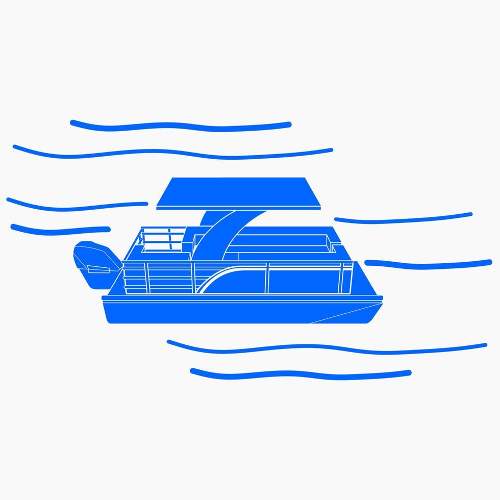 Editable Three-Quarter Top Side View Pontoon Boat on Wavy Water Vector Illustration with Blue Color in Flat Monochrome Style for Artwork Element of Transportation or Recreation Related Design