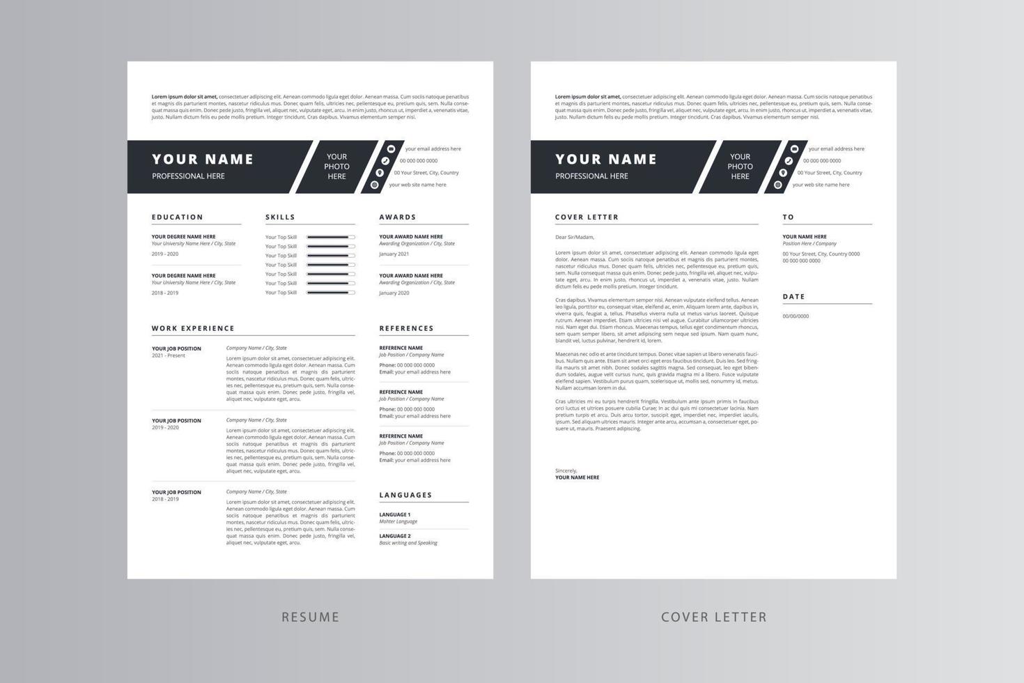 currículum moderno o cv y plantilla de carta de presentación vector