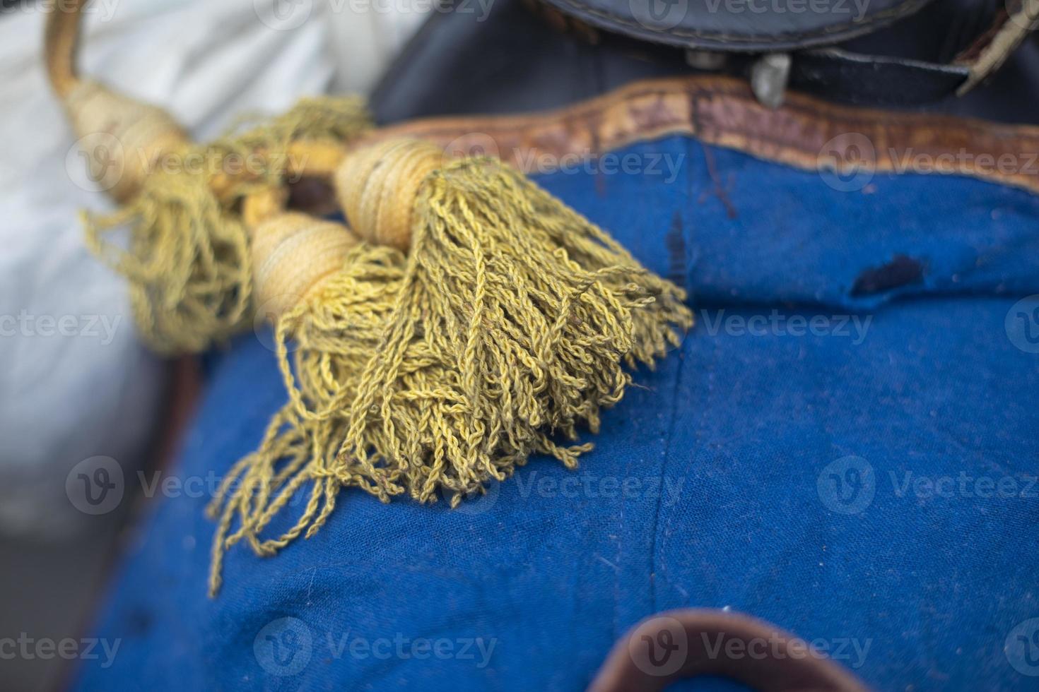 Vintage details of old clothes. Fabric aged. Decoration on old type