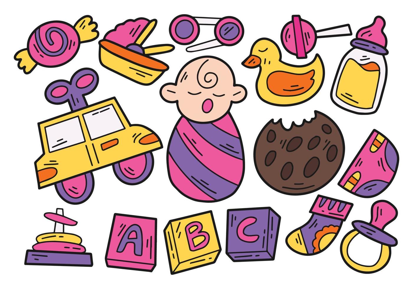 conjunto de accesorios para bebés doodle paquete de ilustración en color vector