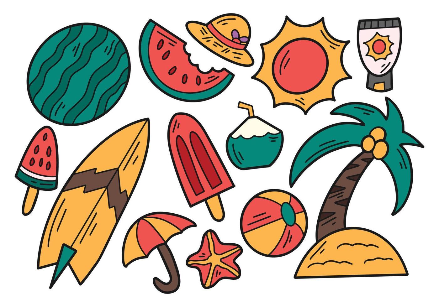 conjunto de paquete de ilustración de color de doodle de verano vector