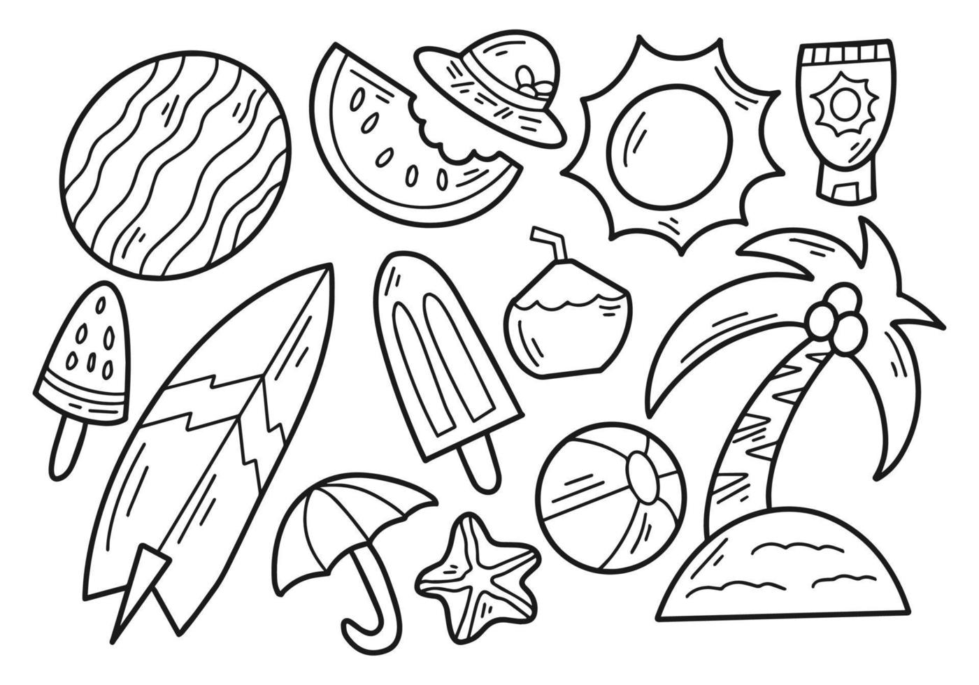 conjunto de paquete de ilustración de contorno de doodle de verano vector