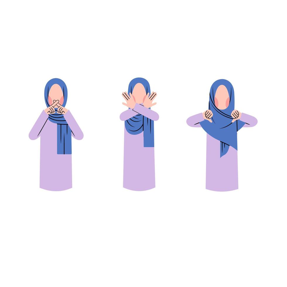 conjunto de personajes de mujer hijab con gesto de rechazo vector