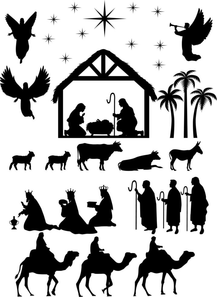 Christmas Nativity silhouettes set vector