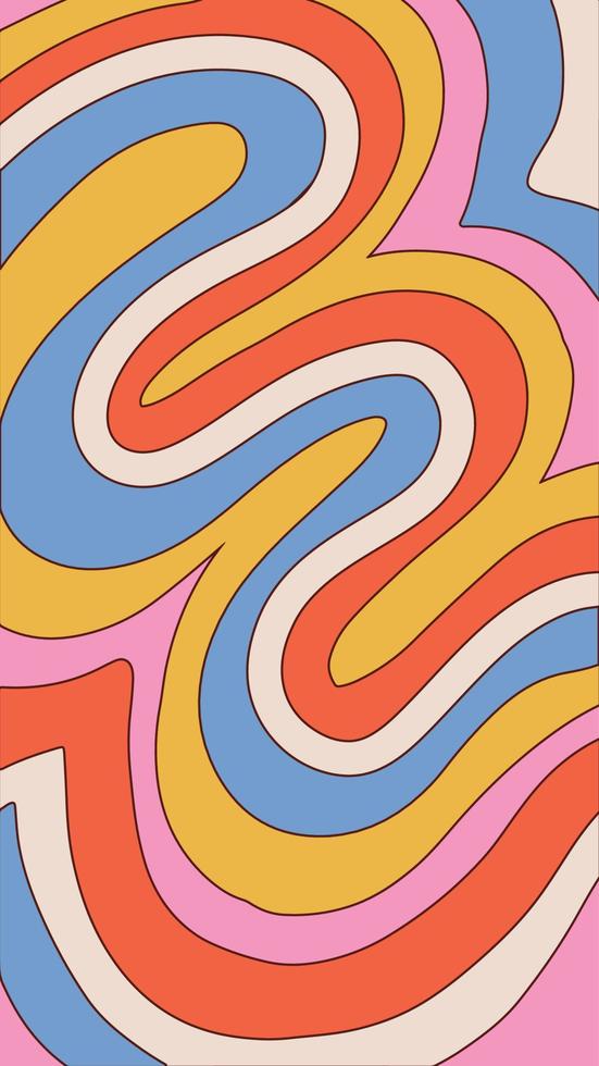 Ilustración vectorial de la década de 1960 con líneas de arco iris maravillosas líquidas. Estilo vintage hippie de los años 70. fondo retro psicodélico para afiche de pantalla de 4k, tarjeta de regalo, camiseta, papelería. ilustración de contorno vectorial. vector