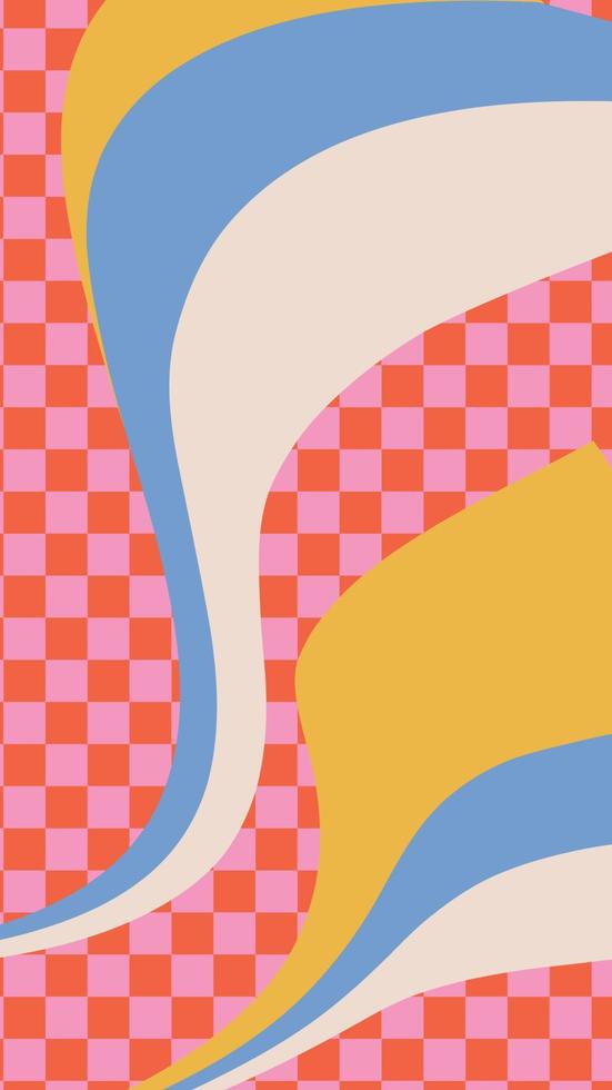 Retro wavy abstract vertical backgrounds in style hippie 60s, 70s. Trendy groovy distorted waves on checkered backdrop. Vector geometric illustration