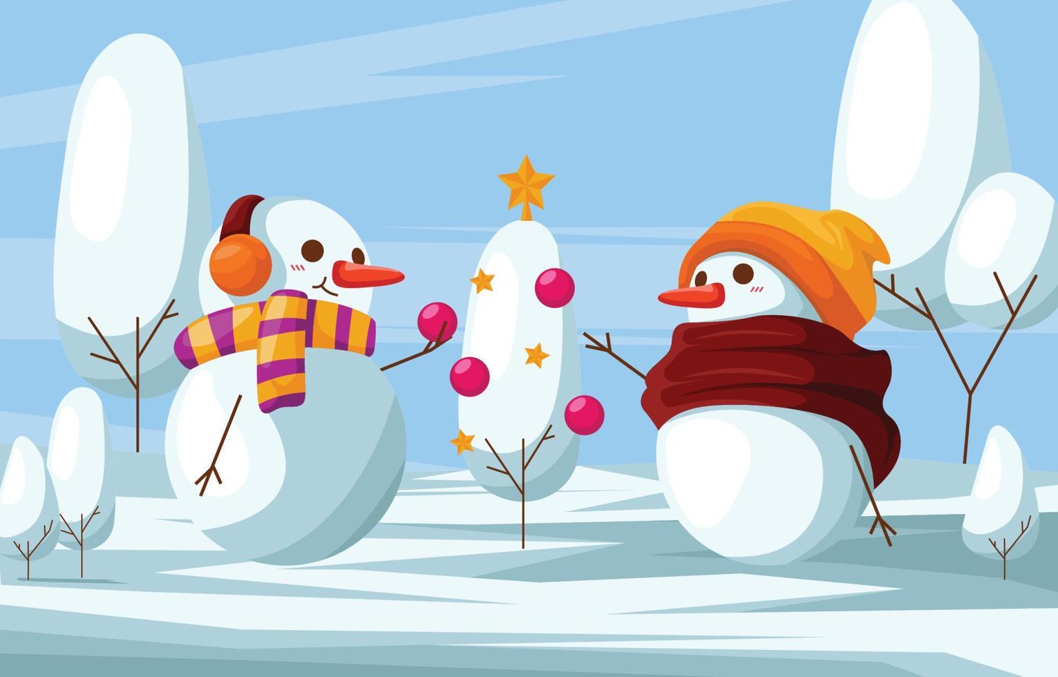 muñeco de nieve con fondo ilustrativo del árbol de navidad vector