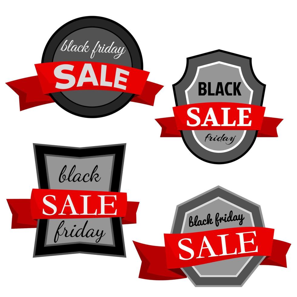 Set of four black friday sale badges with red ribbon on a white background. Vector illustration