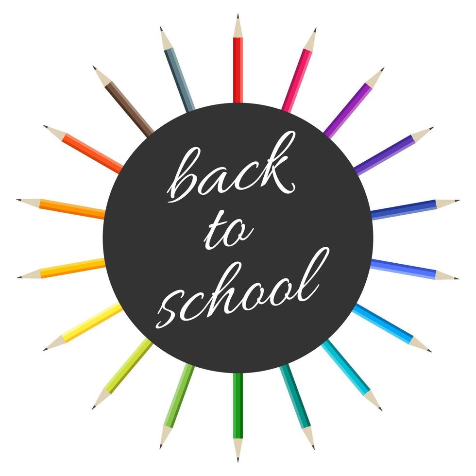 A set of multi-colored pencils placed in a circle and an inscription of Back to School. Vector illustration