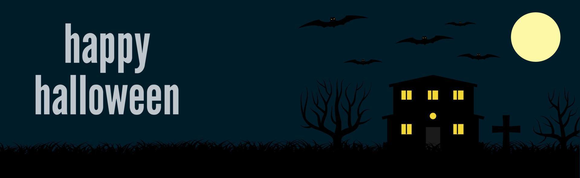 Happy Halloween festive banner with a lonely house and bats on a background of the full moon at night. Vector illustration.