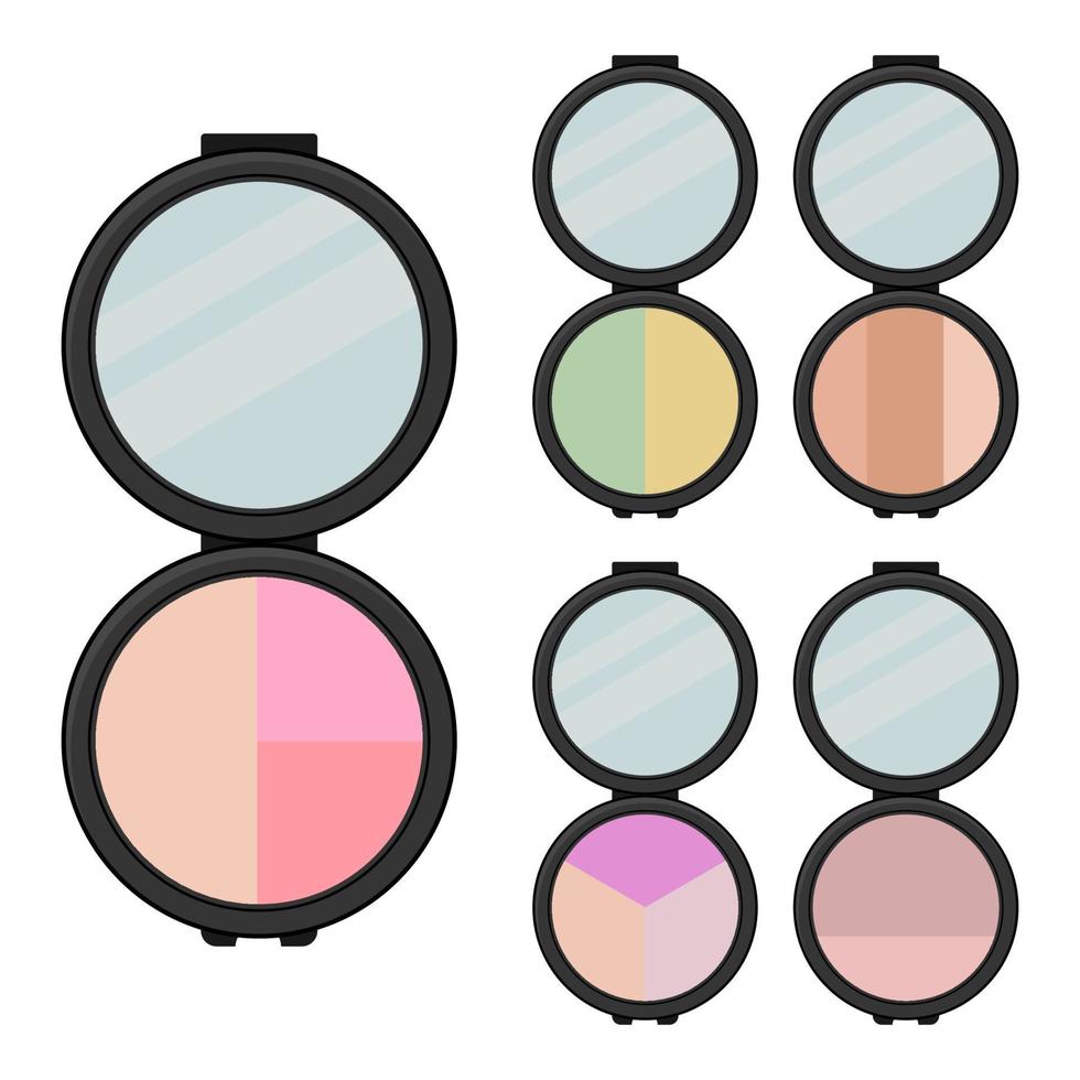 Set of makeup items. Five bright eye shadows with mirror. Vector illustration.