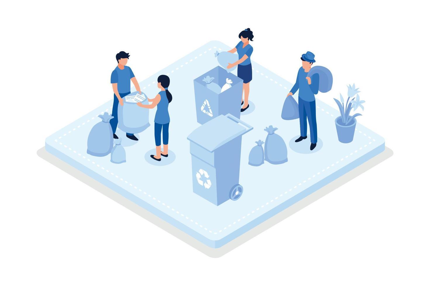 Characters collecting waste in recycle garbage bin, Environmental care and volunteerism concept, isometric vector modern illustration