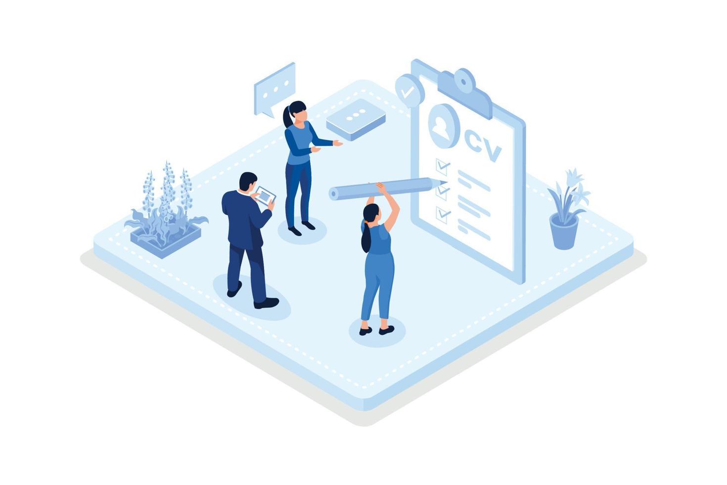 Hr managers searching job candidate and reading CV, Job recruitment process concept, isometric vector modern illustration
