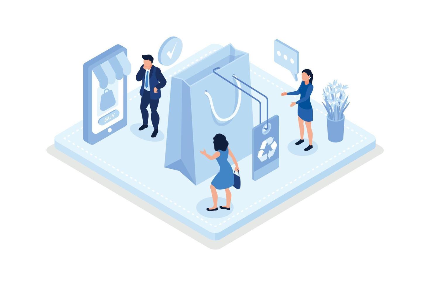Characters buying recycling eco friendly textile and selling or donating vintage clothes on online flea market or second hand, isometric vector modern illustration