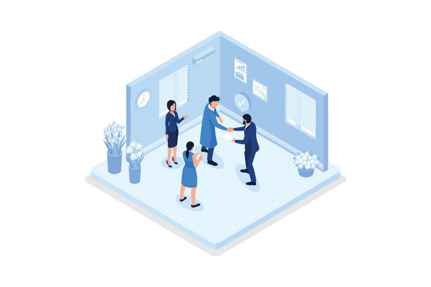 Characters working at home office and coworking space. People talking with colleagues, isometric vector modern illustration