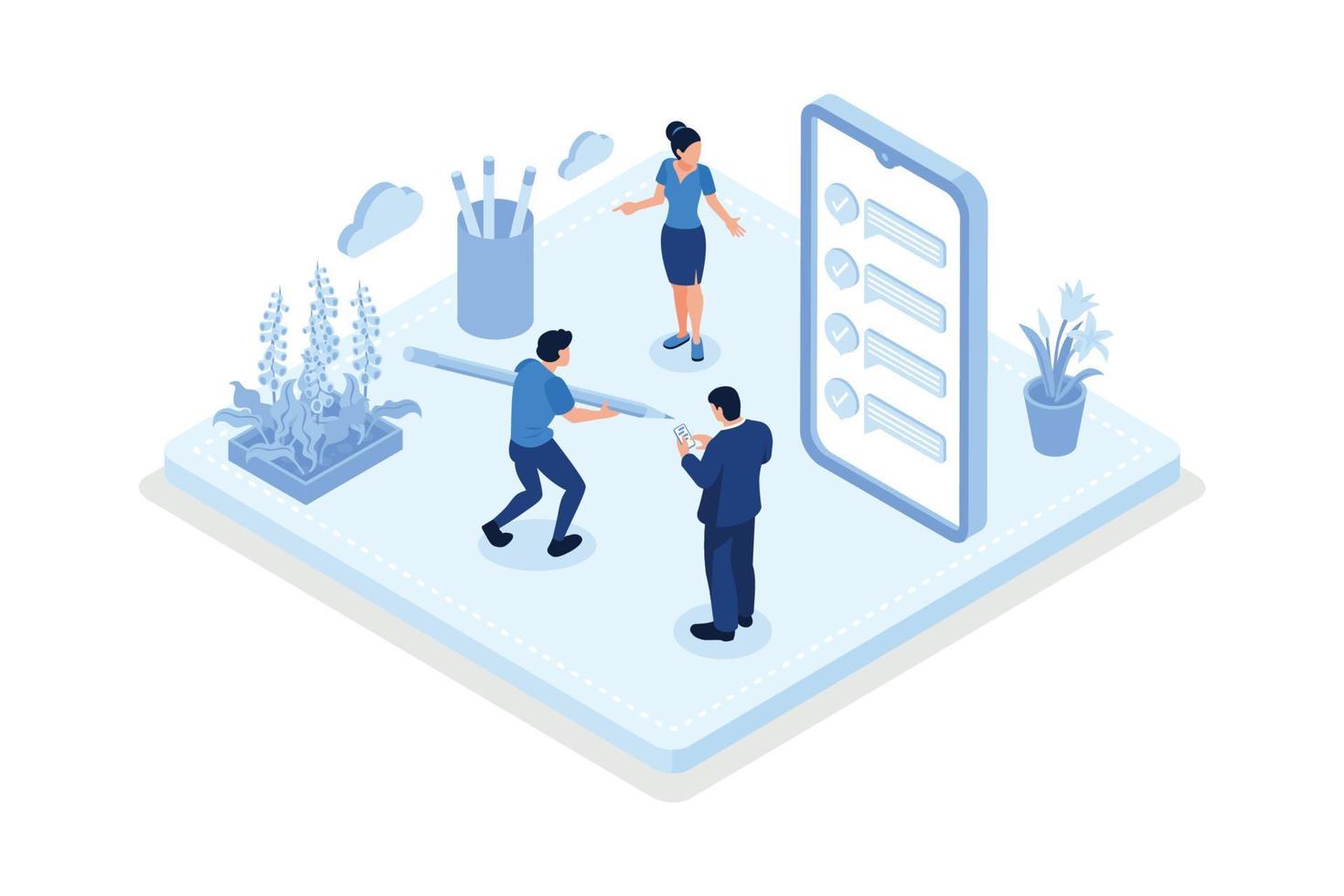 Characters planning work tasks, filling check list, making calendar schedule. Business time management and organization concept, isometric vector modern illustration
