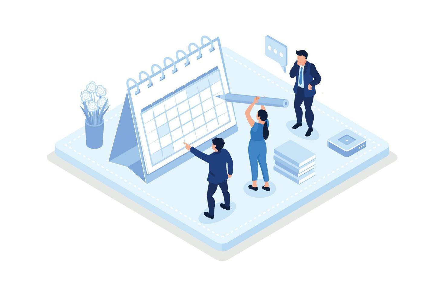 Characters putting stickers on calendar, Daily planning concept, isometric vector modern illustration