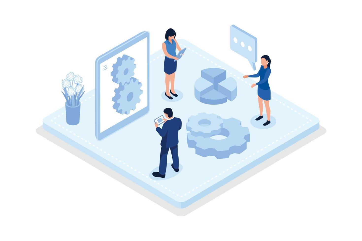 Smart intelligence technology in industrial factory. Characters wearing virtual reality headsets engineering with augmented reality. Industry 4.0, isometric vector modern illustration