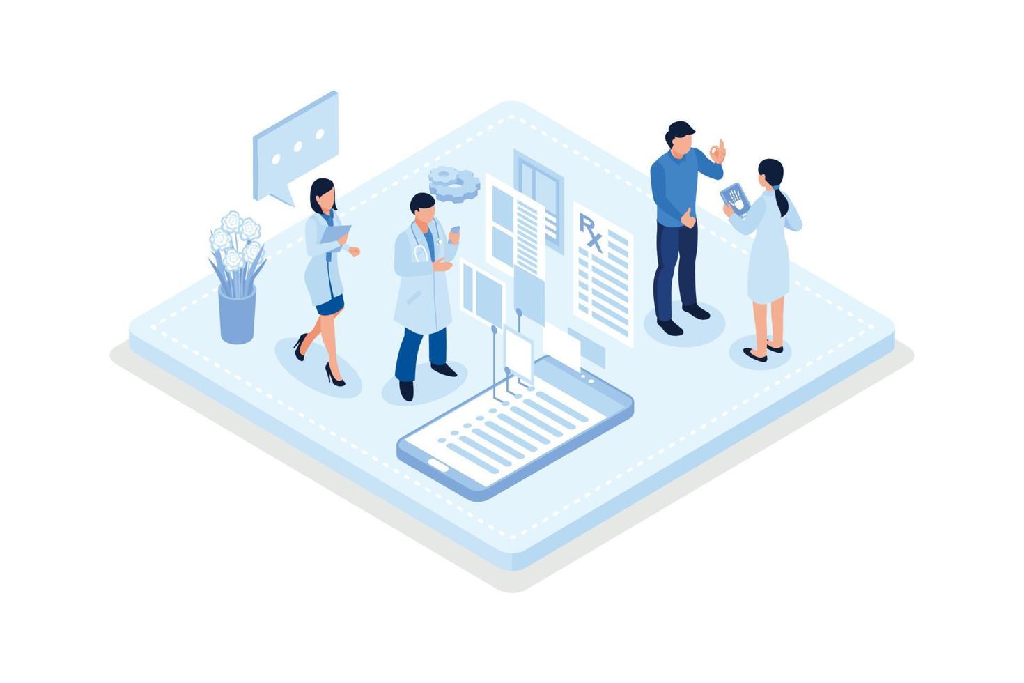 Patients receiving digital prescription. Telemedicine and e-health concept, isometric vector modern illustration