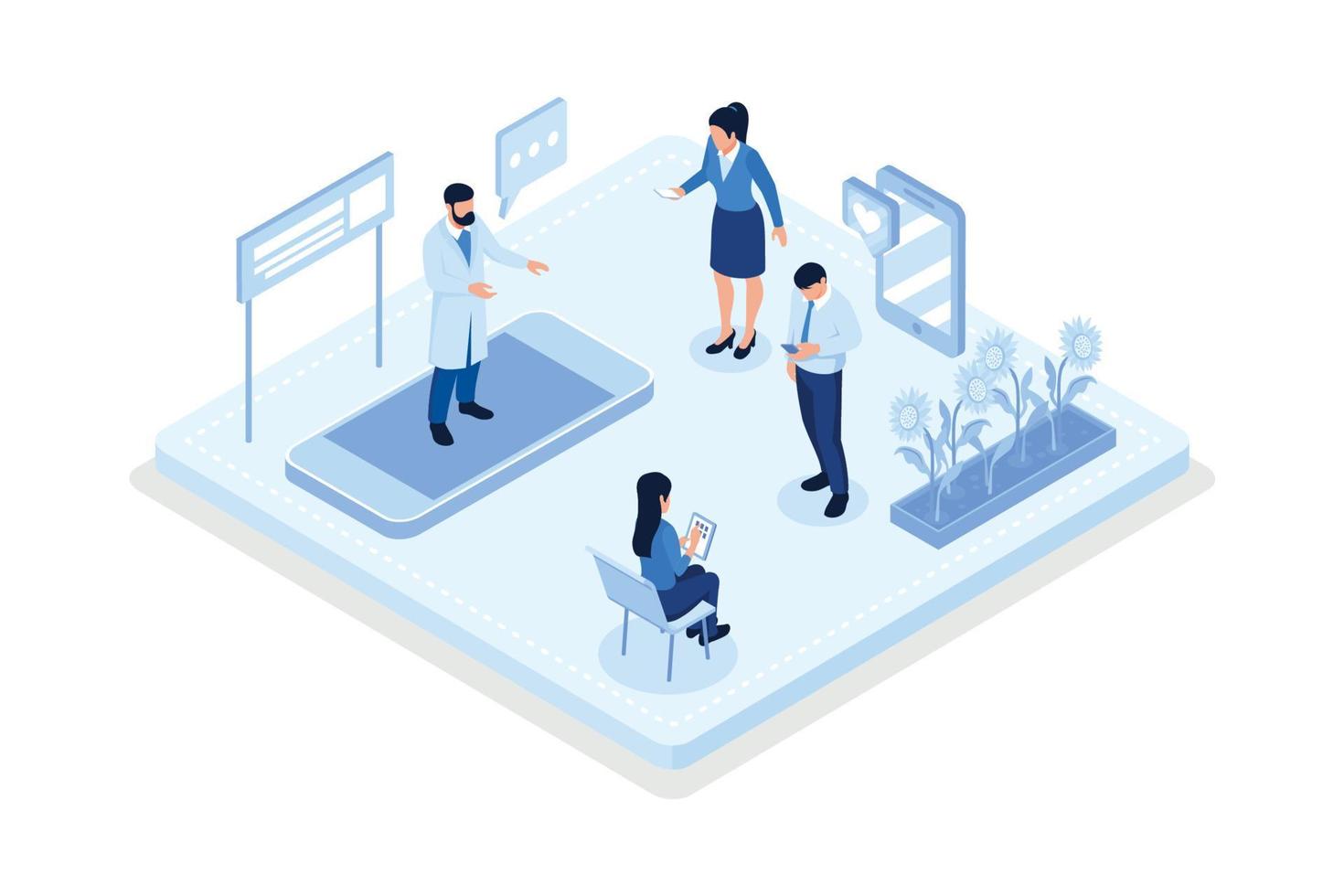 Patients meeting with doctors online, Telemedicine and e-health concept, isometric vector modern illustration