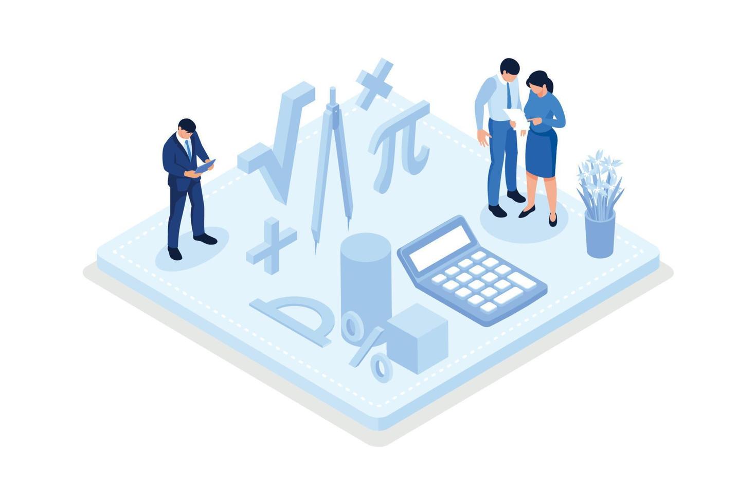 Math Science Concept. Tiny Male and Female Students Characters in Lab or School Class Learning Mathematics at Huge Blackboard. People Gaining Education and Writing Formula, isometric vector