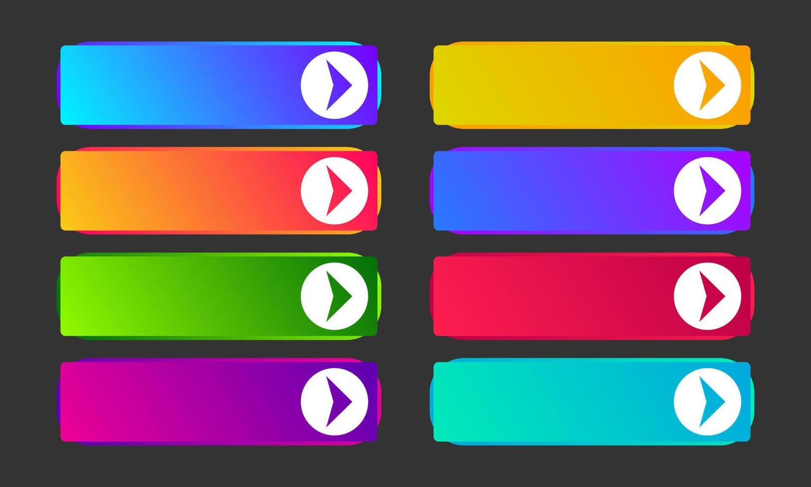 Colorful gradient buttons with arrows. Set of eight modern abstract web buttons. Vector illustration