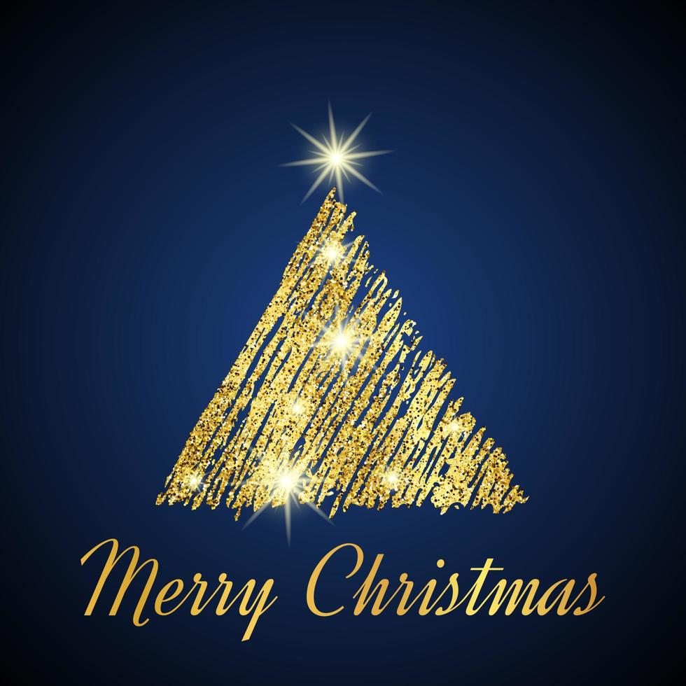 Gold glitter Christmas tree in sketch style on dark blue background. Happy new year card design. Vector illustration.