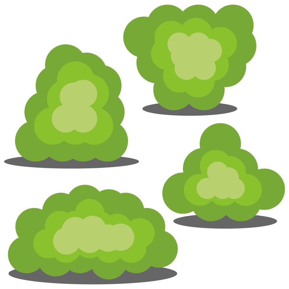 Set of four different cartoon green bushes isolated on white background. Vector illustration