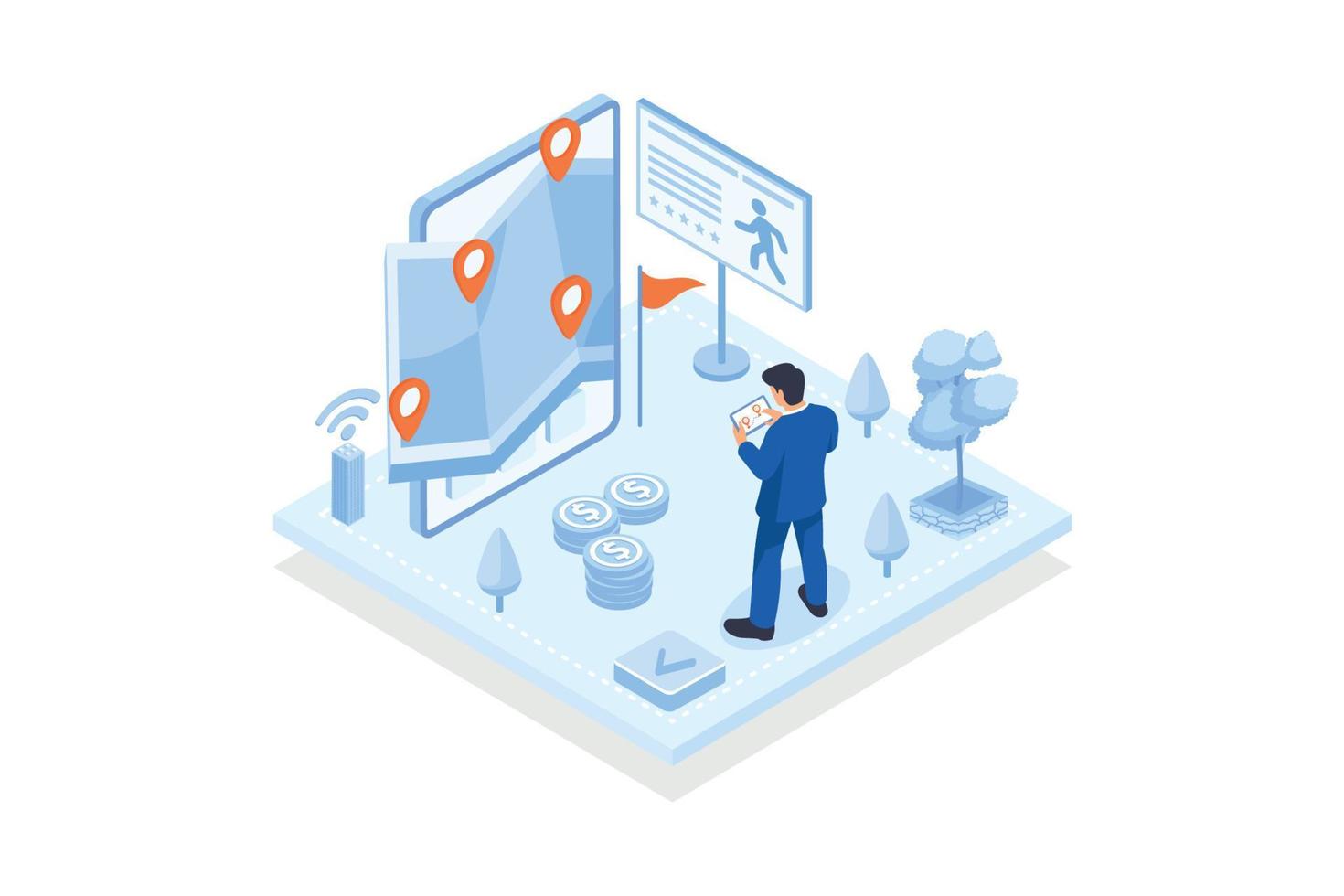 Conceptual template with man standing at control panel and smartphone