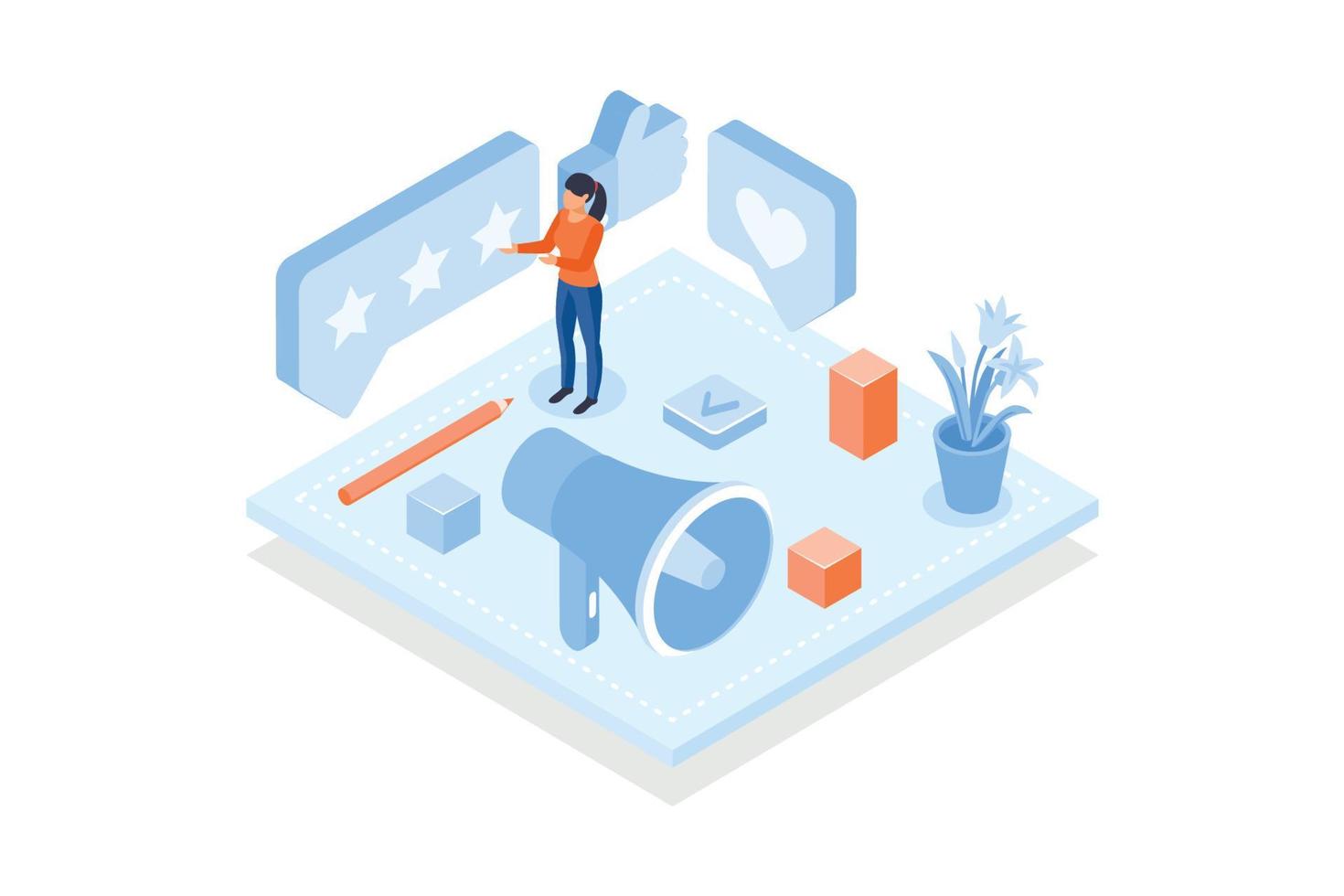 Conceptual template with person, speech bubble with golden stars and megaphone. Scene for customer feedback, positive user's review, quality ranking or rating score, isometric vector