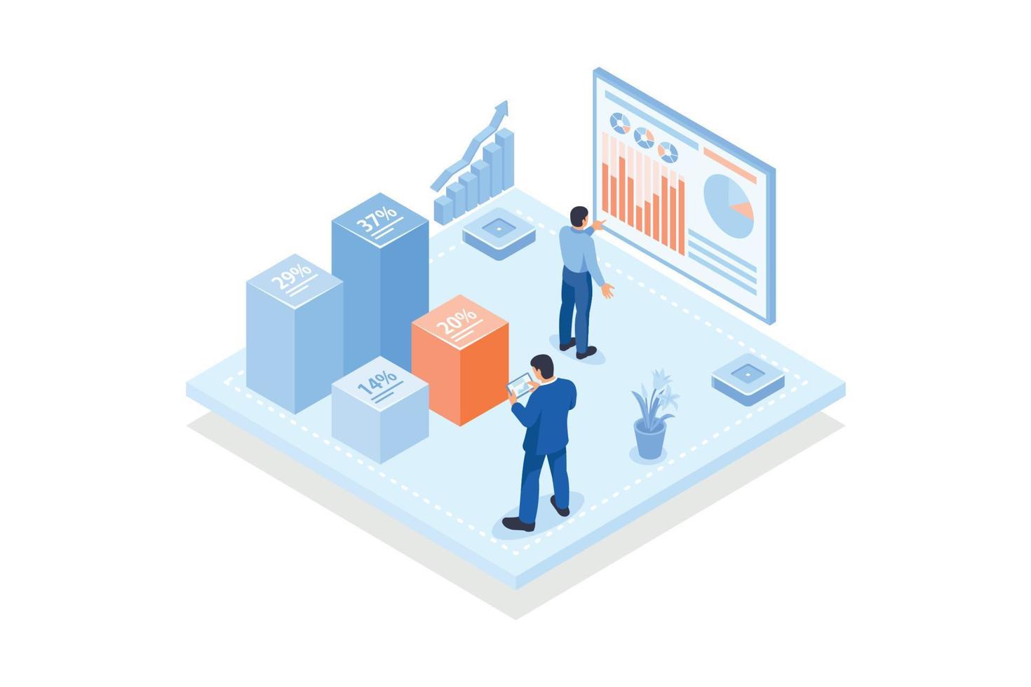 plantilla conceptual con analistas mirando el gráfico de columnas con indicadores porcentuales. escena para ciencia de datos y análisis de información, ilustración moderna de vector isométrico