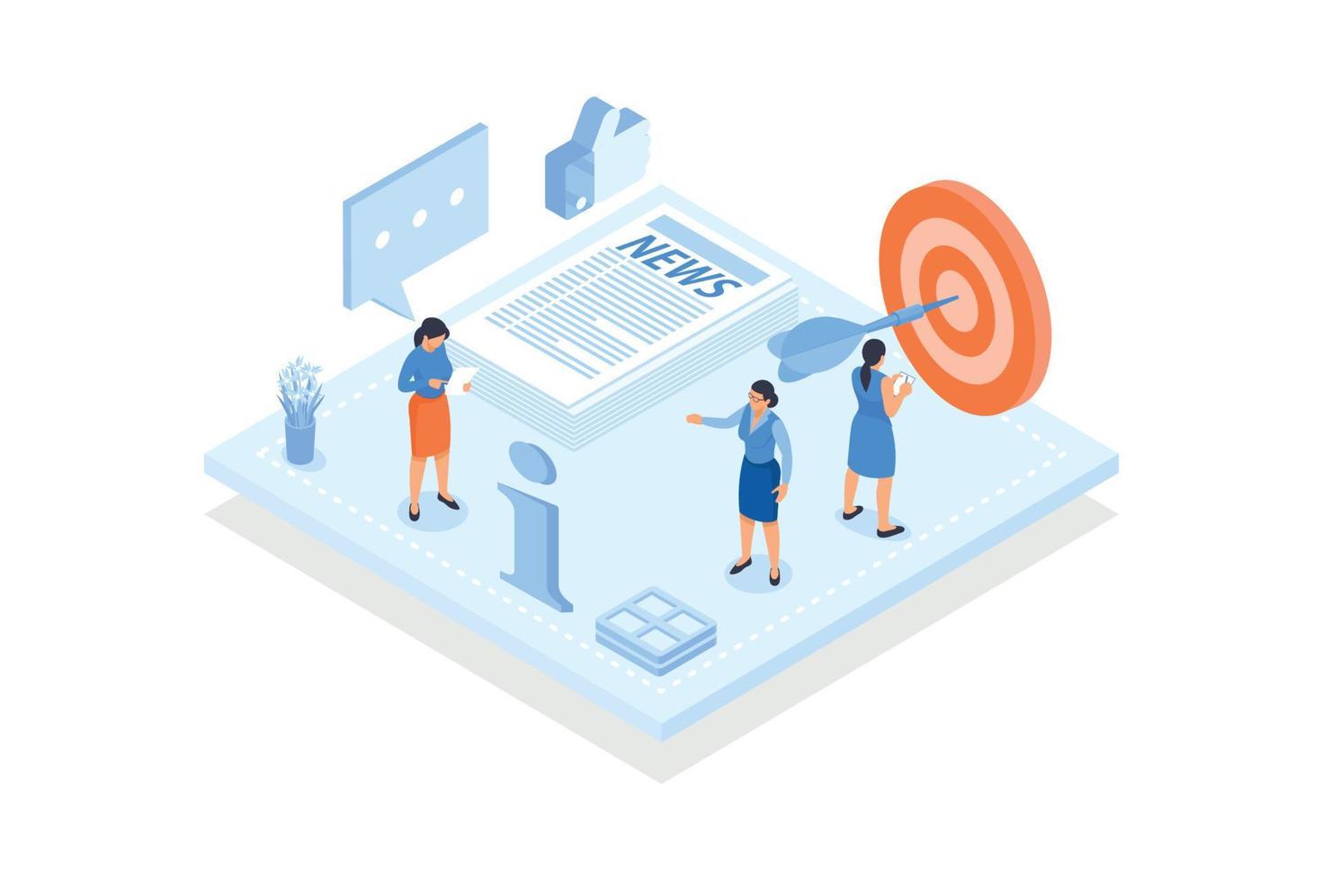 Conceptual template with woman and pile of newspapers, glasses, target. Scene for news storage, archive, reading articles in one place, isometric vector modern illustration