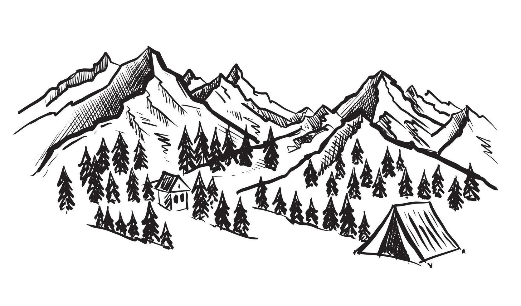 Sketch Camping in nature set, Mountain landscape, vector illustrations.