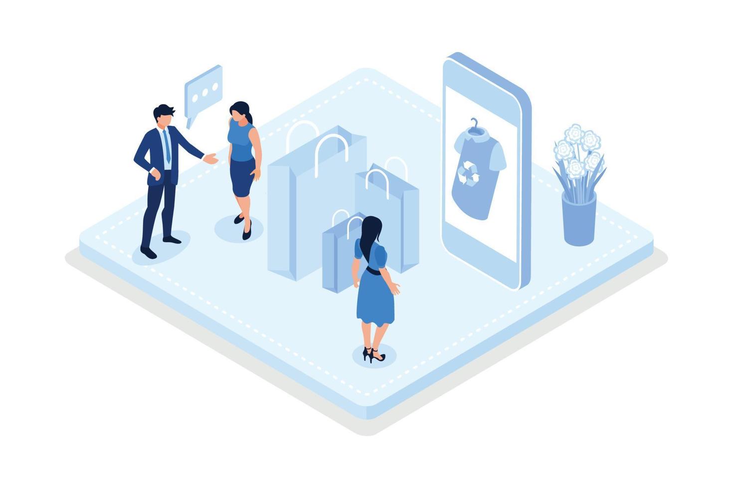 Characters buying recycling eco friendly textile and selling or donating vintage clothes on online flea market or second hand, isometric vector modern illustration