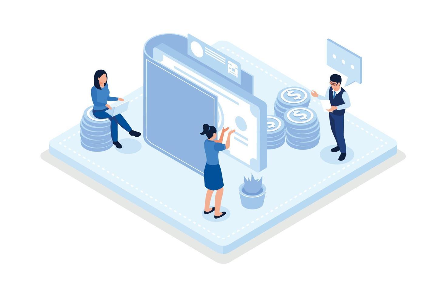 People characters investing money in self development, health and making savings, isometric vector modern illustration