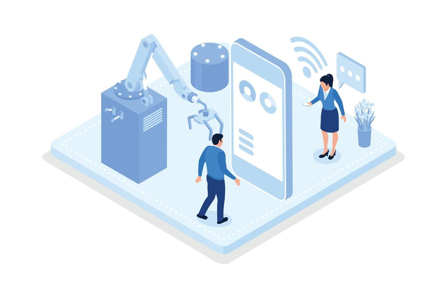 Smart intelligence technology in industrial factory. Characters wearing virtual reality headsets engineering with augmented reality. Industry 4.0, isometric vector modern illustration