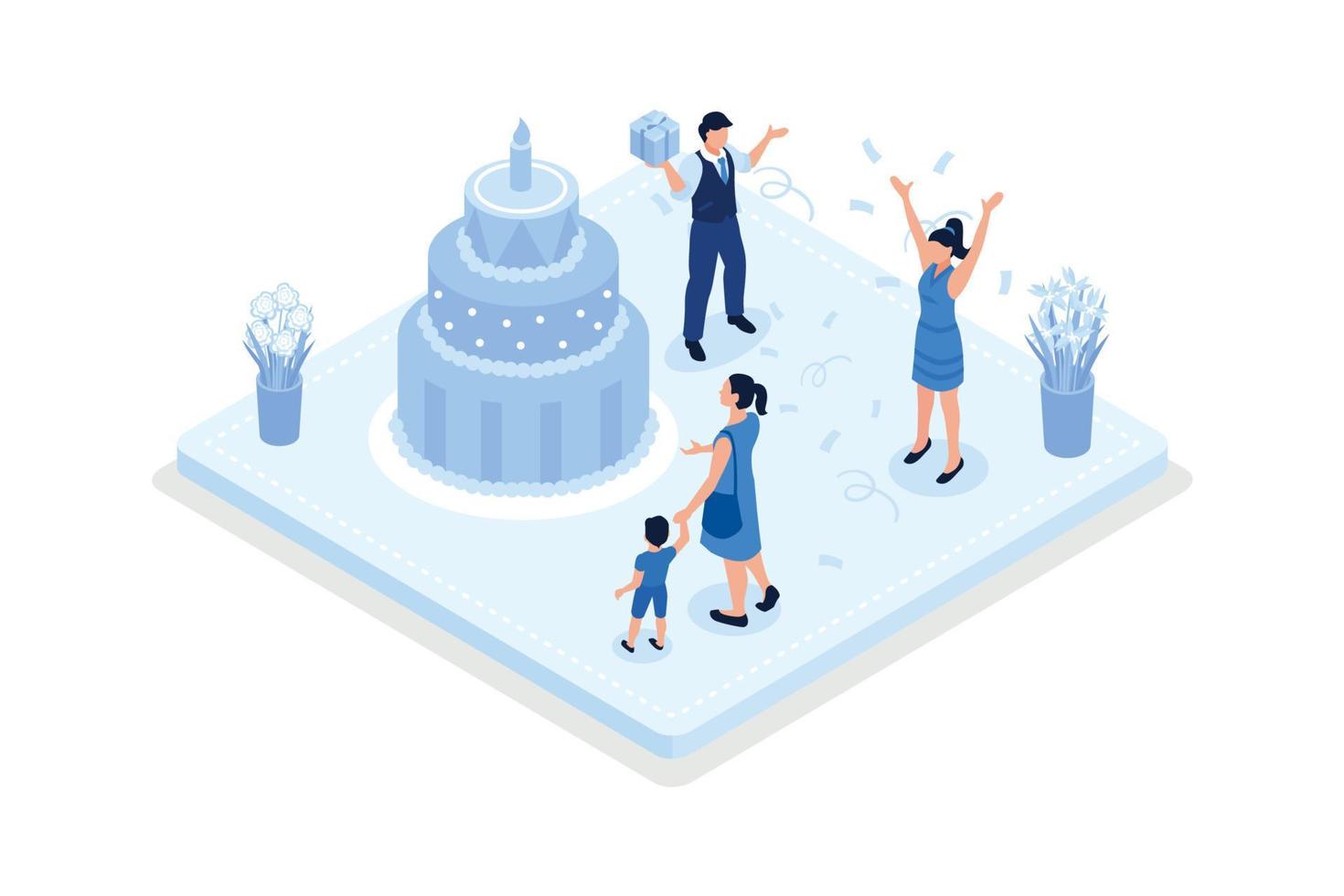 People celebrating birthday party. Characters standing near birthday cake, isometric vector modern illustration