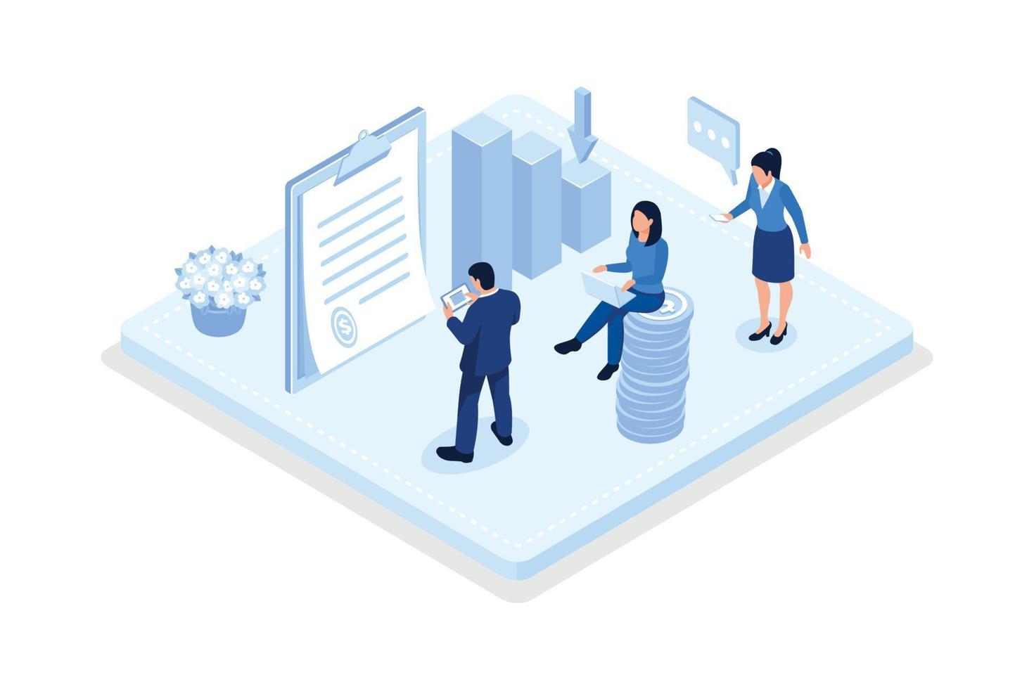 Business characters purchasing bonds or stock on capital market. Financial and stock trading concept, isometric vector modern illustration