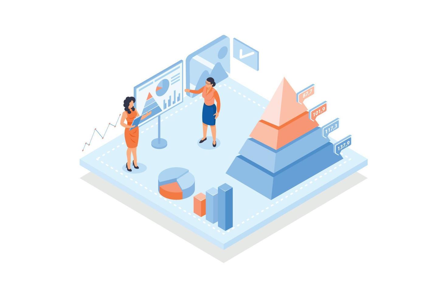 Conceptual template with pyramid diagram and woman monitoring indicators. Scene for structural analysis, study of object structure and components, isometric vector modern illustration