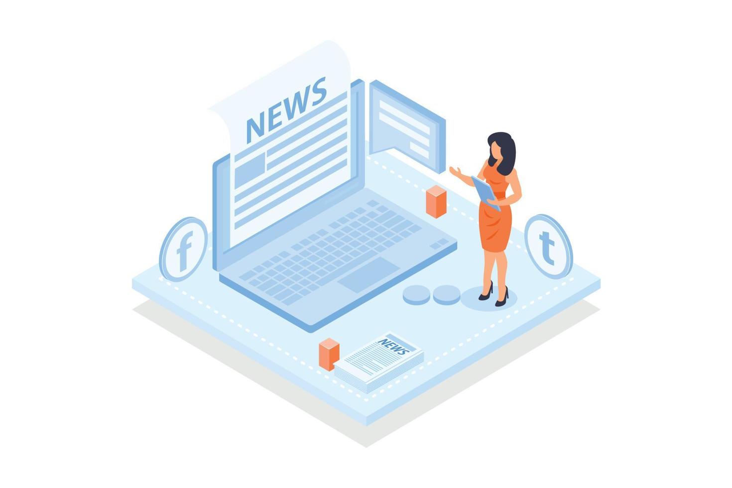 Conceptual template with person sitting in front of laptop computer and reading newspaper on screen. Scene for subscription to newsletter or news via email, isometric vector modern illustration