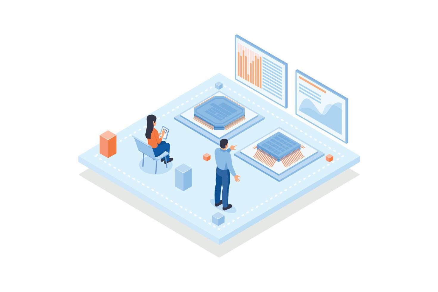 Conceptual template with people and screens with microprocessors performance metrics or indicators. Scene for microchip or integrated circuit comparison, isometric vector modern illustration