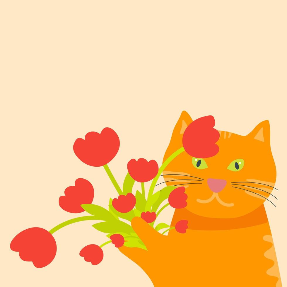 Orange funny cat with a bouquet of flowers. vector