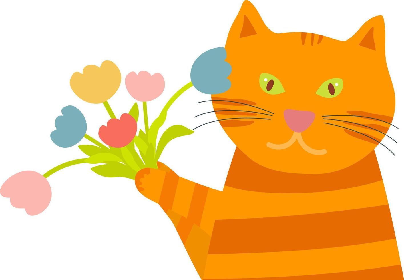 Orange funny cat with a bouquet of flowers. vector