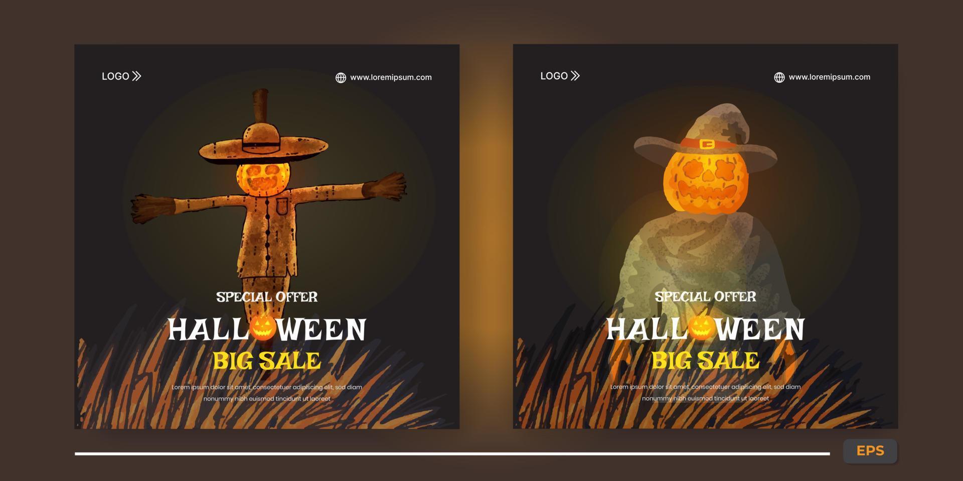Halloween scarecrow and witch social media posts vector
