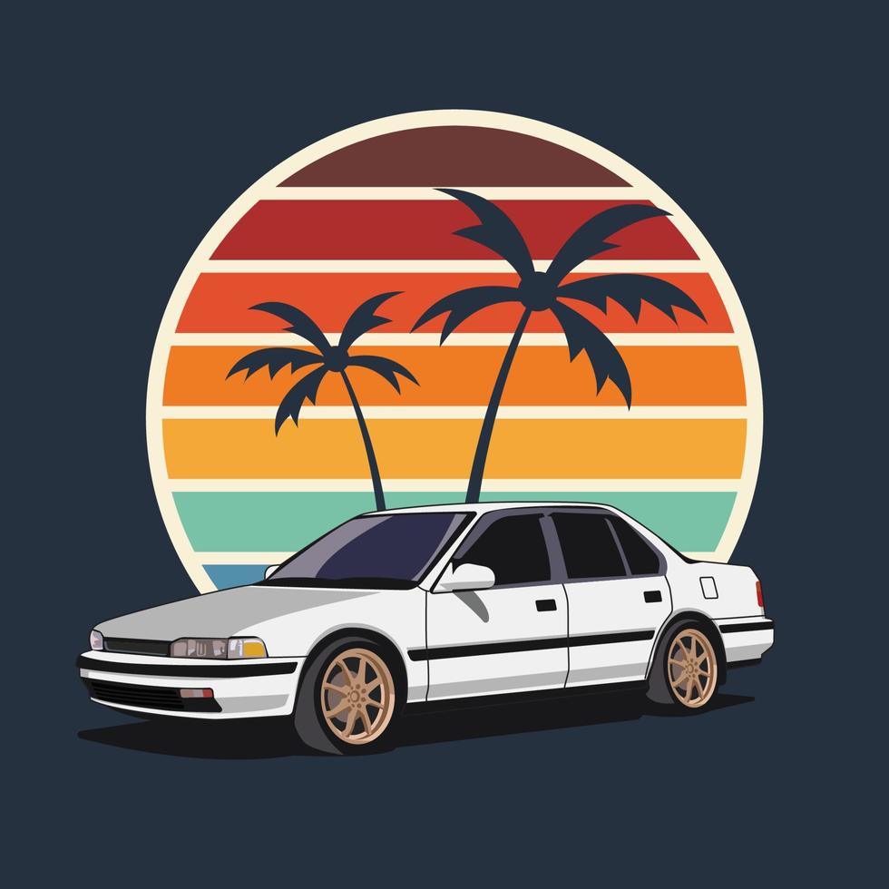 ilustración de fondo de árbol de coco de puesta de sol de coche vintage yt vector