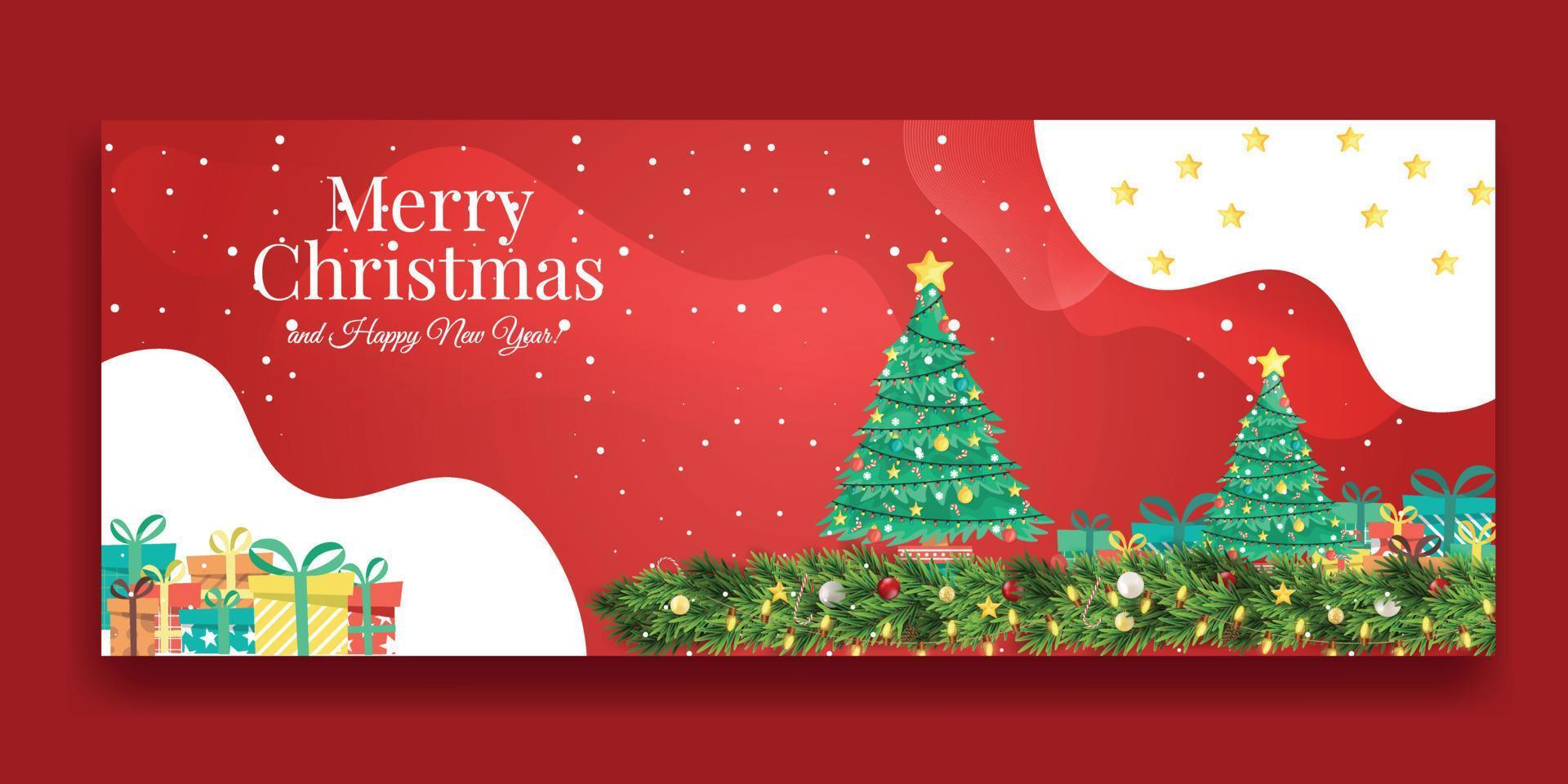 fondo rojo navideño con copos de nieve dorados brillantes y bolas colgantes. tarjeta de felicitación de feliz navidad. cartel de vacaciones de navidad y año nuevo, banner web, sitio web de encabezado vector