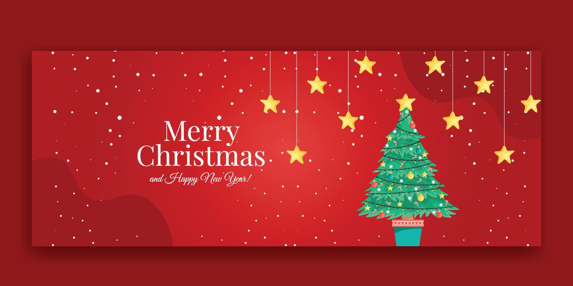 Christmas red background with hanging shining golden star. Merry christmas greeting card. Holiday Xmas and New Year poster, web banner, header website. vector