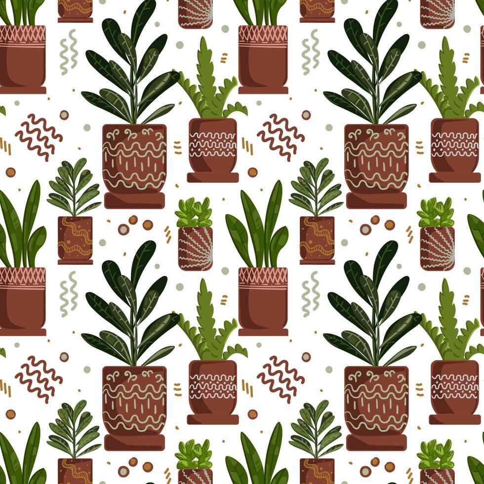 House plants seamless pattern. Trendy home decor with plants vector illustration. Flowers in pot, house interior design. hygge style