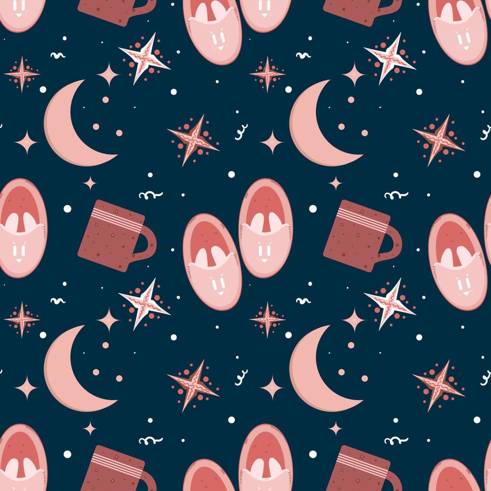 Cozy background with house slippers, mug of cocoa and moon. Colorful modern illustration in simple hand-drawn style in monochrome colors. vector