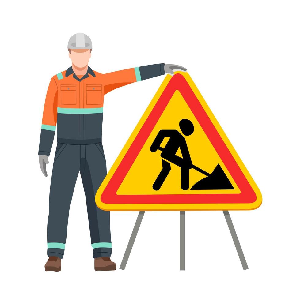 A road worker stands at a Road Works sign. Road signs. Travel ban. Vector illustration